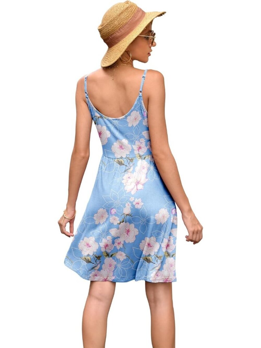 Women's Flower Light Blue Neck Spaghetti Strap Sundress Casual Beach Mini Dress - Picture 2 of 5